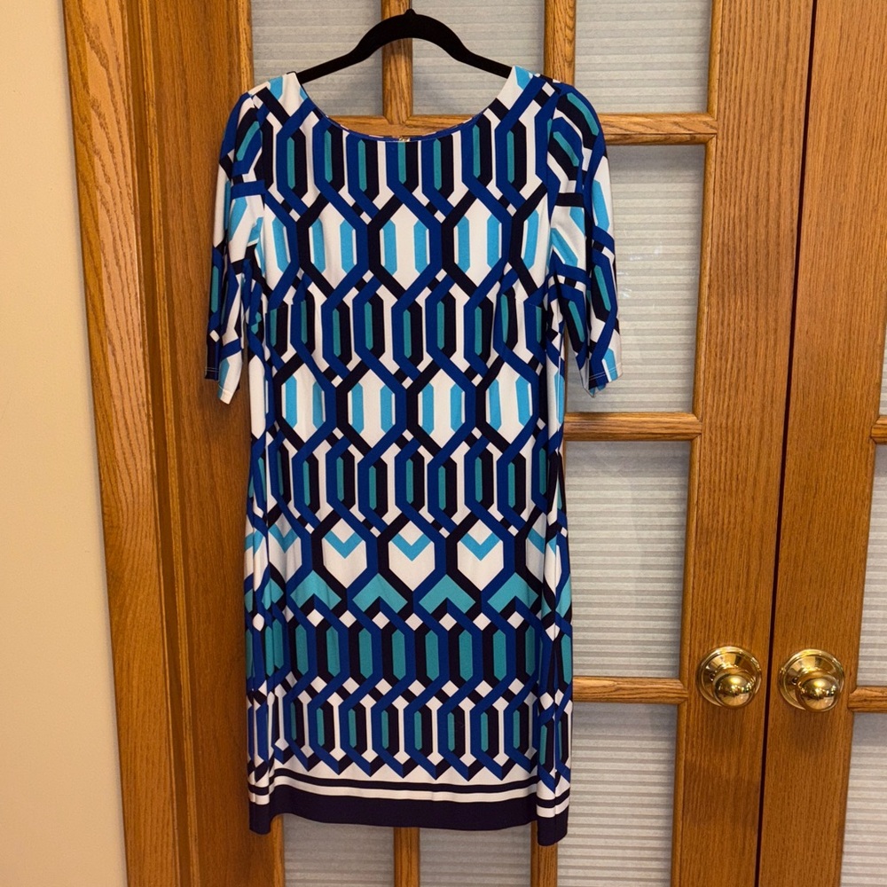 EUC Eliza J Blue and White Geometric Dress